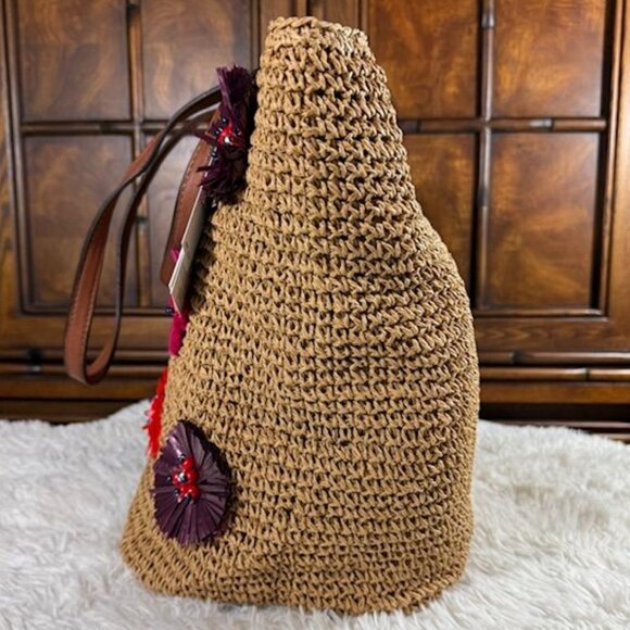 Jessica Simpson Raffia Straw 3D Beaded Floral Feather St. Pete Toast Pink Tote - Picture 3 of 16